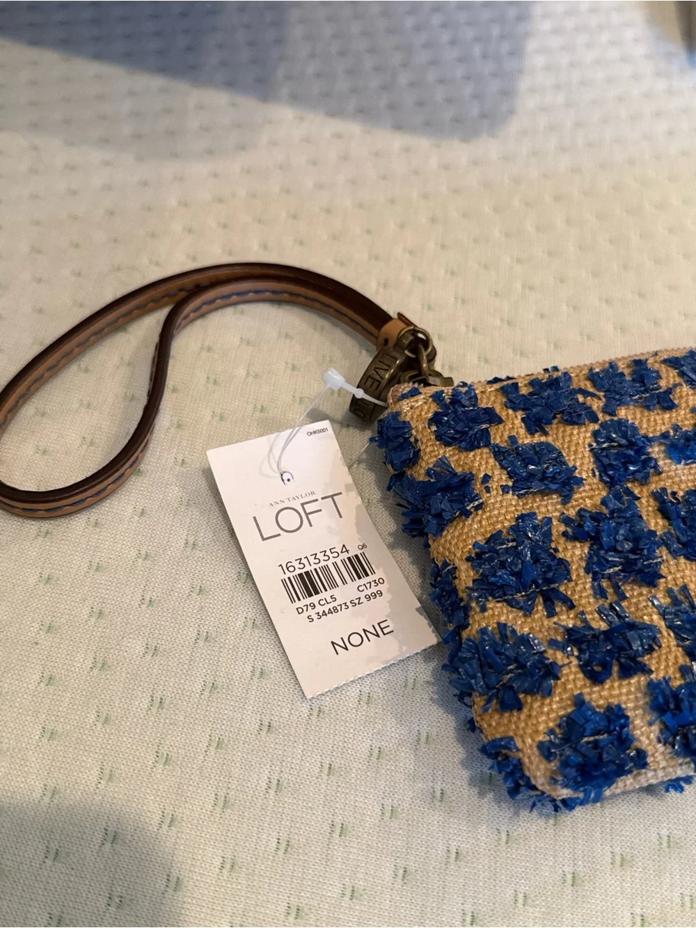 LOFT Blue Floral Raffia Wristlet on Tan Woven Base NWT
